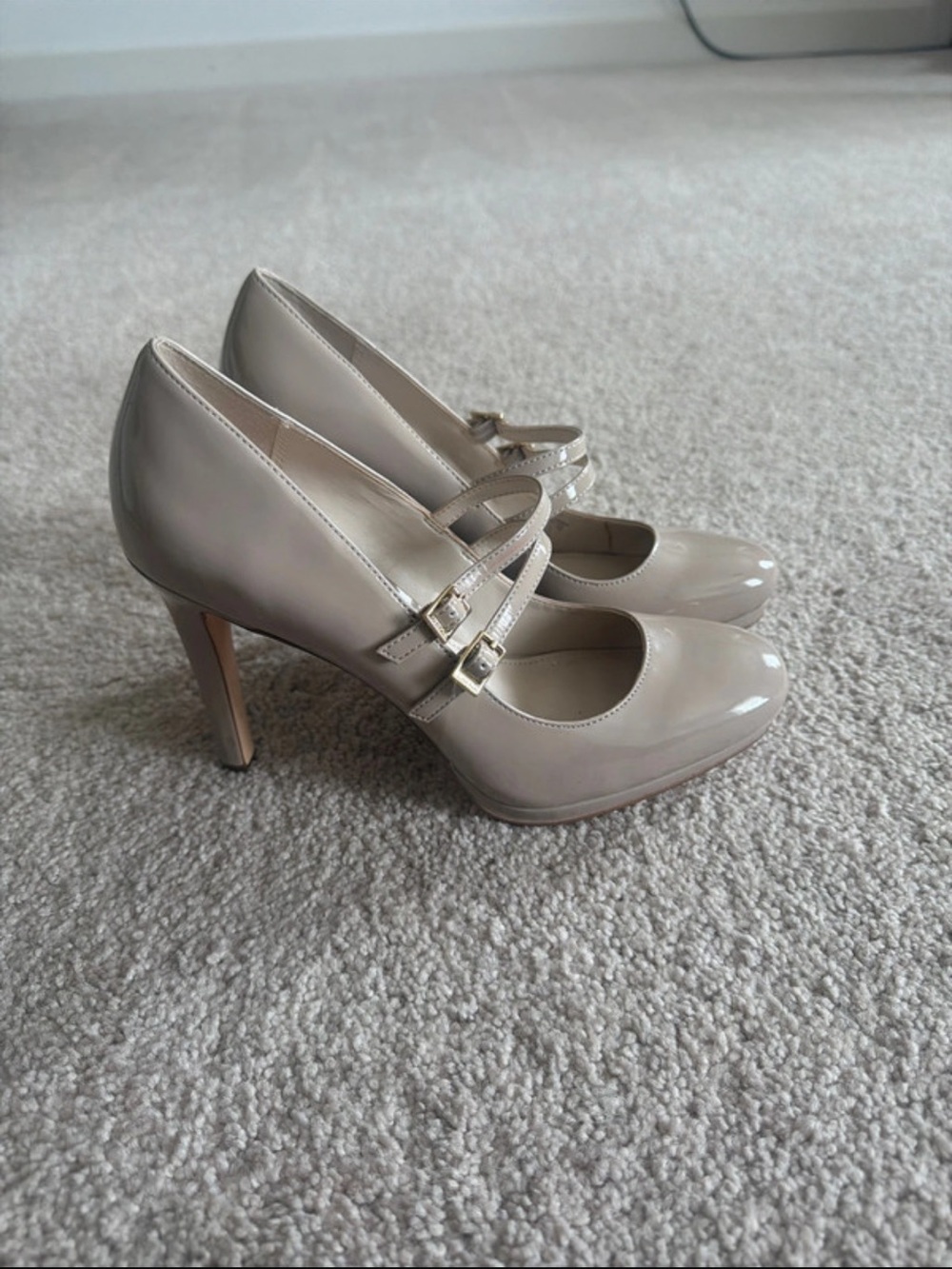 Calvin Klein Nude Patent Mary Jane Heels with Double Straps